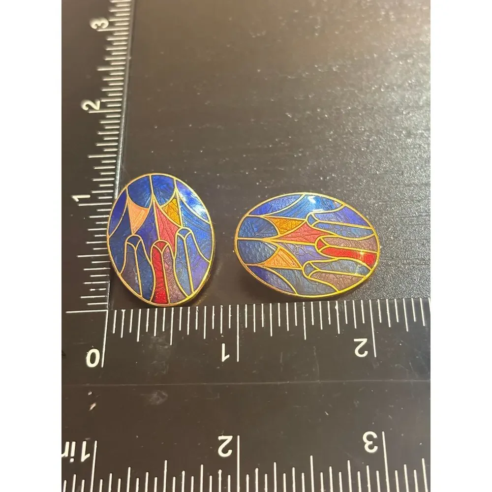 Vintage Cloisonné Enamel Clip Earrings Oval Gold Tone